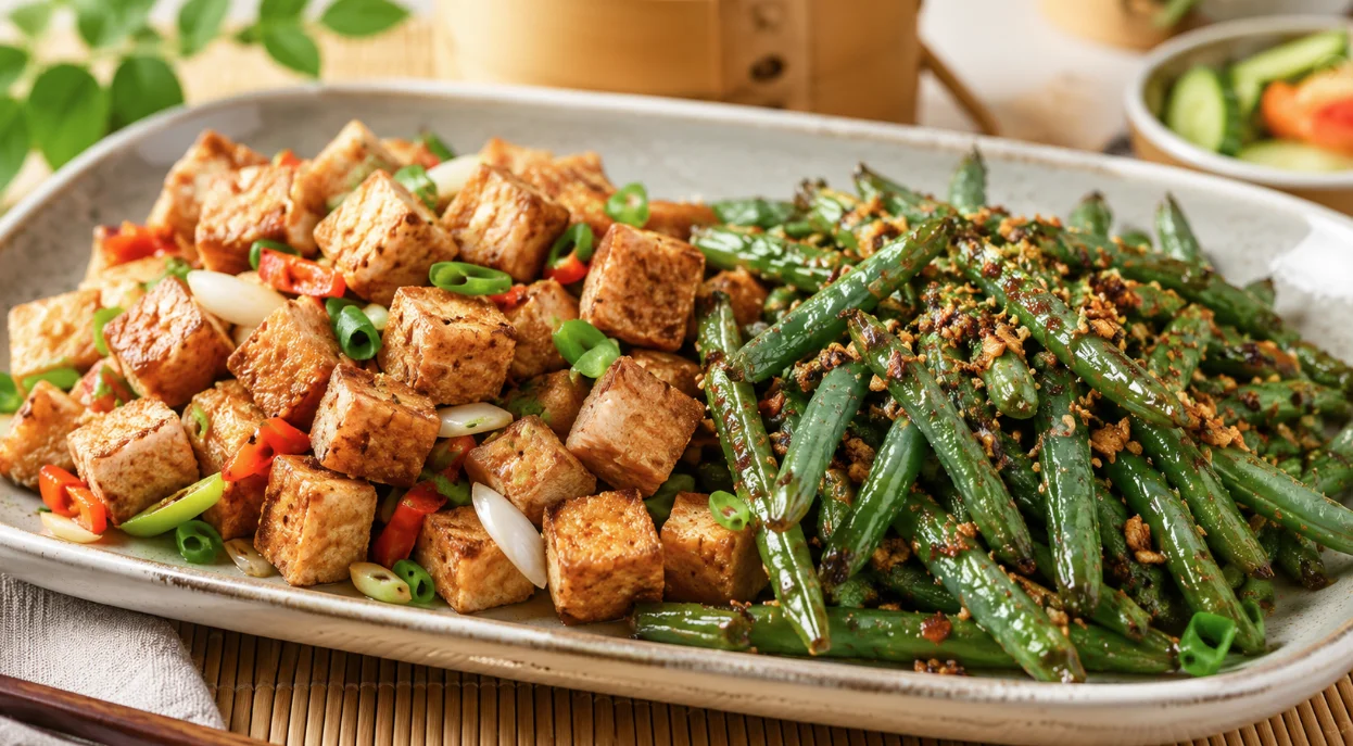 vegetarian asian food. Tofu and green bean dish rbd